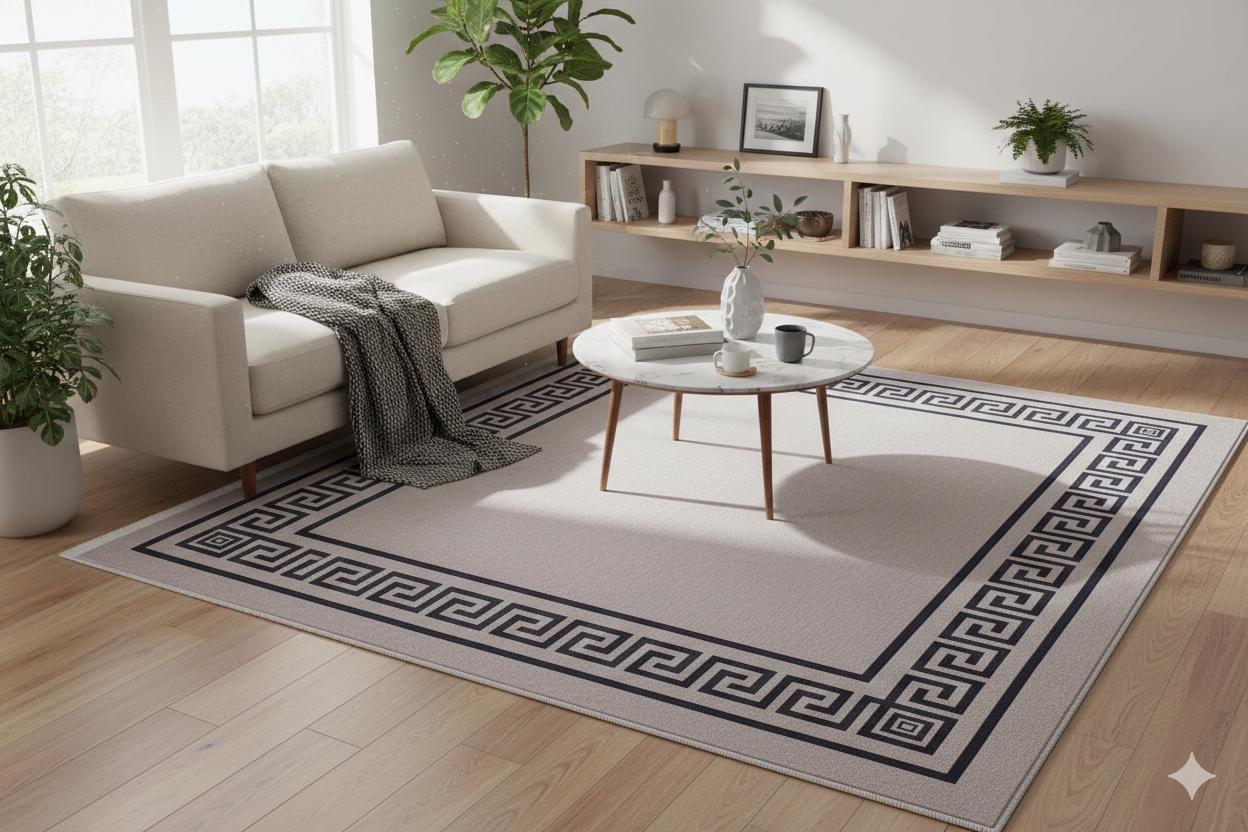 Washable Area Rug – Greek Key Border, Non-Slip, Modern Meander Design