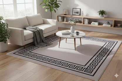 Washable Area Rug – Greek Key Border, Non-Slip, Modern Meander Design