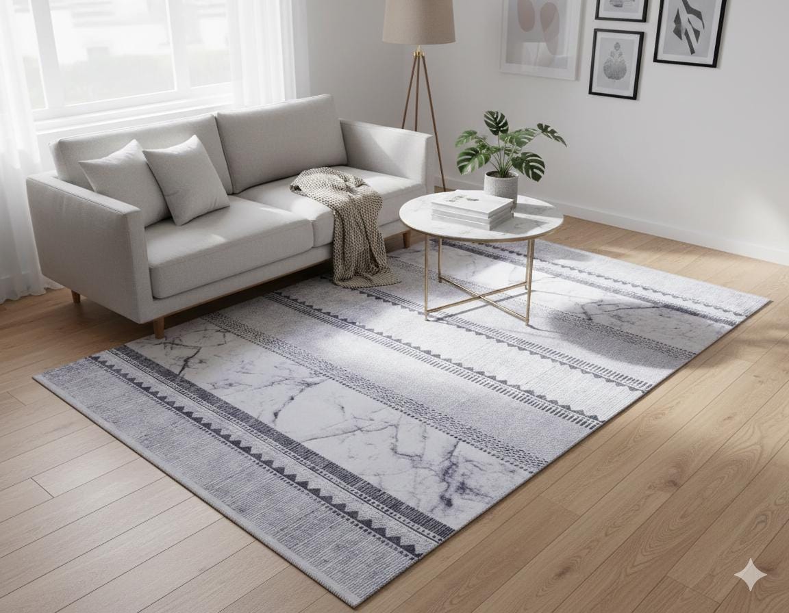 Blue Marble Striped Area Rug, Modern Abstract Coastal Living Room Mat