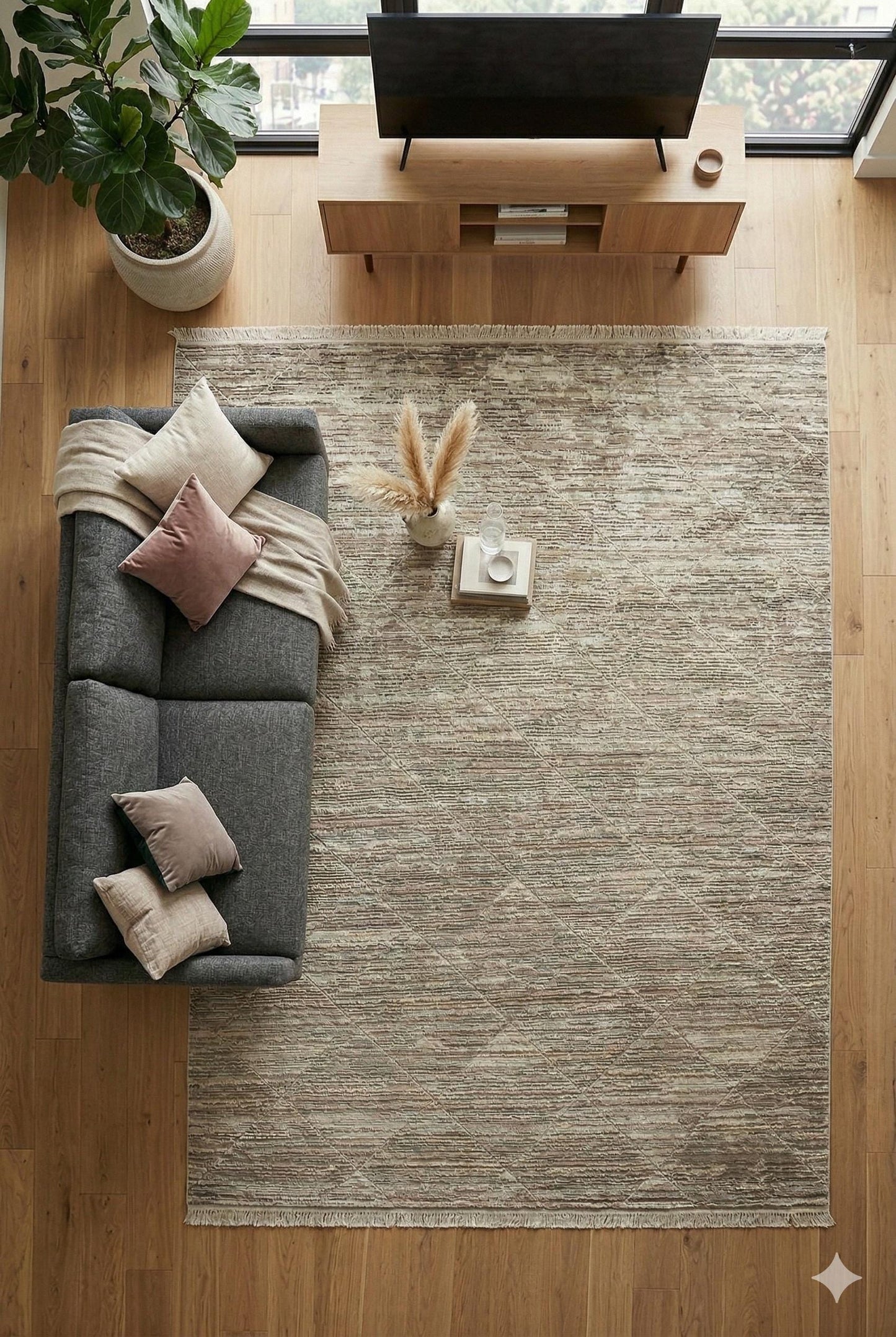 Modern Distressed Diamond Area Rug – Japandi Sand Taupe Carpet (200x300cm)