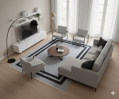 Modern Geometric Gray Area Rug, Black Frame Border, Scandinavian Living Room Carpet