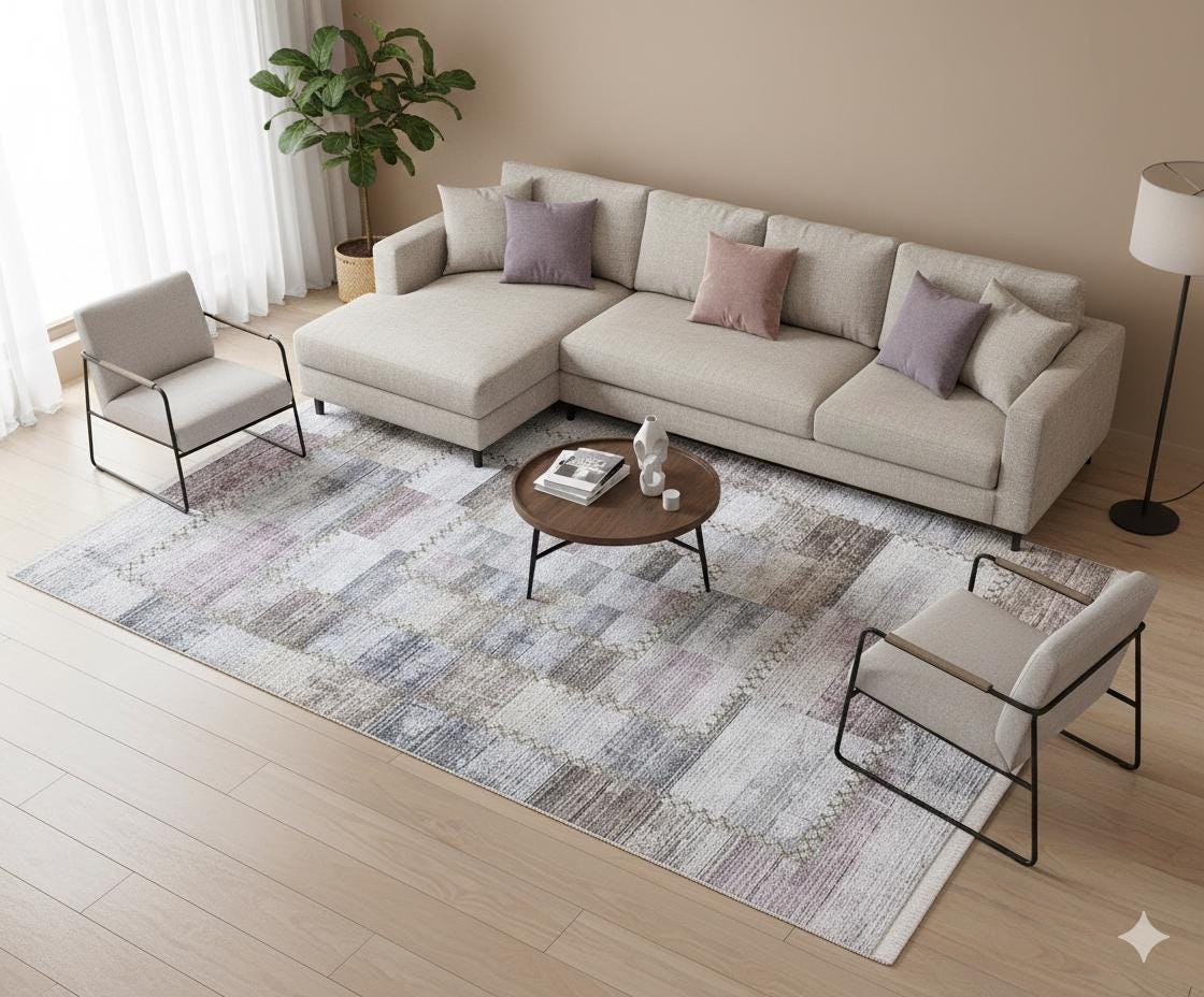 Washable Patchwork Area Rug – Distressed Geometric Carpet, Neutral Boho Living Room Home Decor