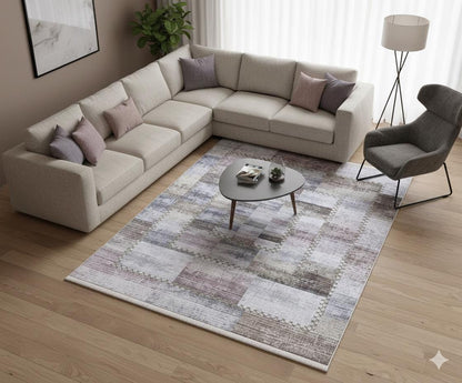 Washable Patchwork Area Rug – Distressed Geometric Carpet, Neutral Boho Living Room Home Decor