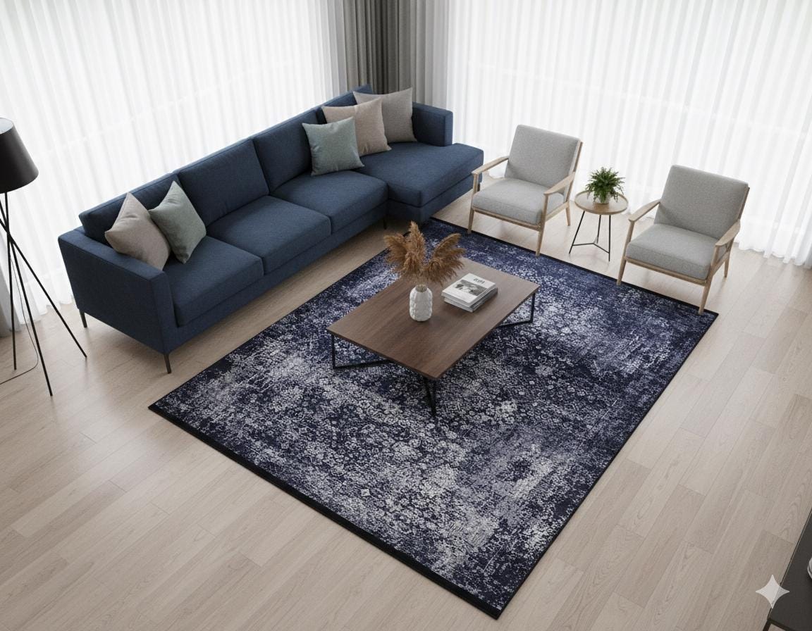 Distressed Navy Medallion Area Rug, Vintage Boho Faded Carpet, Non-Slip Living Room Runner