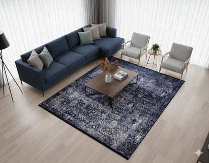 Distressed Navy Medallion Area Rug, Vintage Boho Faded Carpet, Non-Slip Living Room Runner