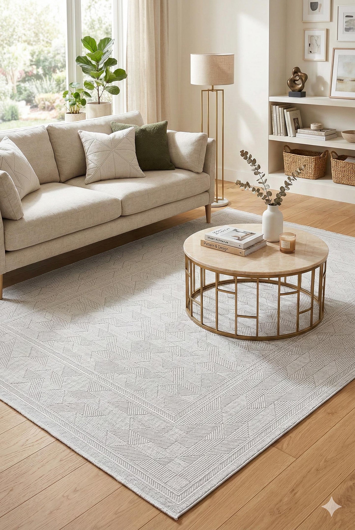 Modern Framed Area Rug 200x300cm – Soft Gray & Taupe Carpet with Minimalist Border Design