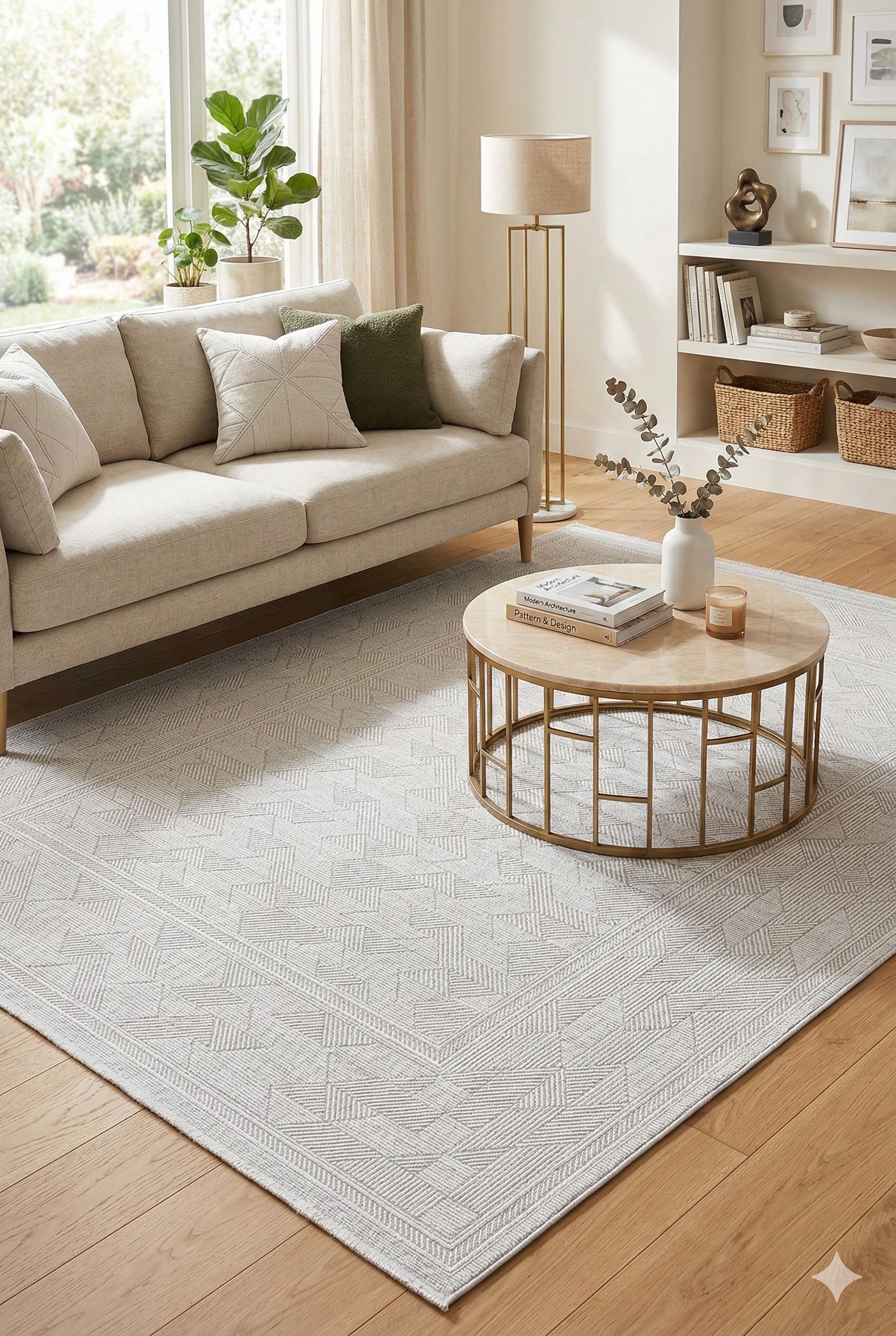 Modern Framed Area Rug 200x300cm – Soft Gray & Taupe Carpet with Minimalist Border Design