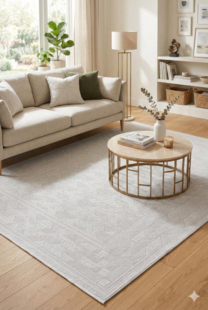Modern Framed Area Rug 200x300cm – Soft Gray & Taupe Carpet with Minimalist Border Design
