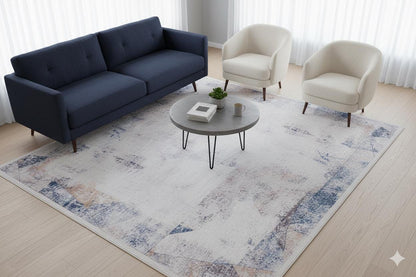 Distressed Abstract Geometric Area Rug – Blue Terracotta Boho Living Room Carpet