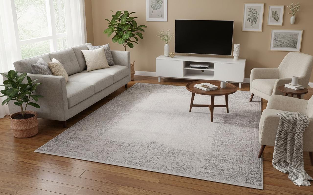 Distressed Vintage Turkish Style Area Rug – Machine Washable Cream Beige Carpet