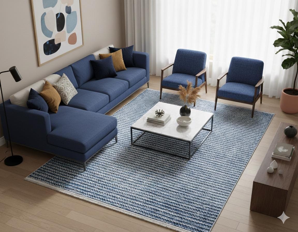 Washable Blue Striped Area Rug, Modern Scandinavian Carpet, Farmhouse Bedroom Mat