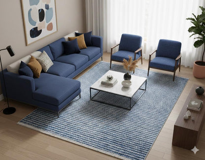 Washable Blue Striped Area Rug, Modern Scandinavian Carpet, Farmhouse Bedroom Mat