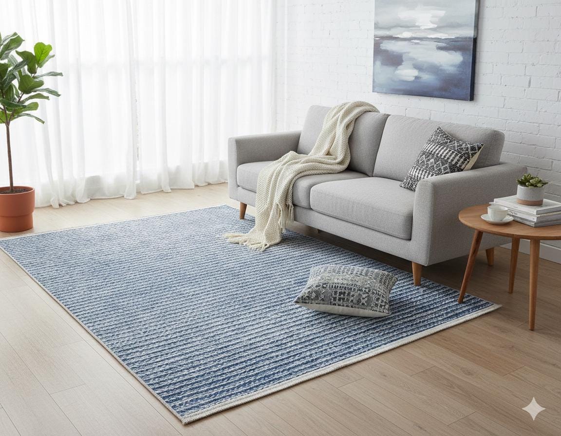 Washable Blue Striped Area Rug, Modern Scandinavian Carpet, Farmhouse Bedroom Mat