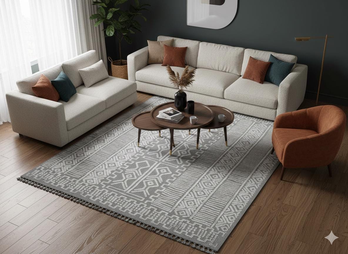 Modern Geometric High-Low Pile Viscose Carpet – Beige & White Tribal Design Area Rug