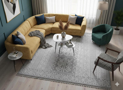 Modern Geometric High-Low Pile Viscose Carpet – Beige & White Tribal Design Area Rug