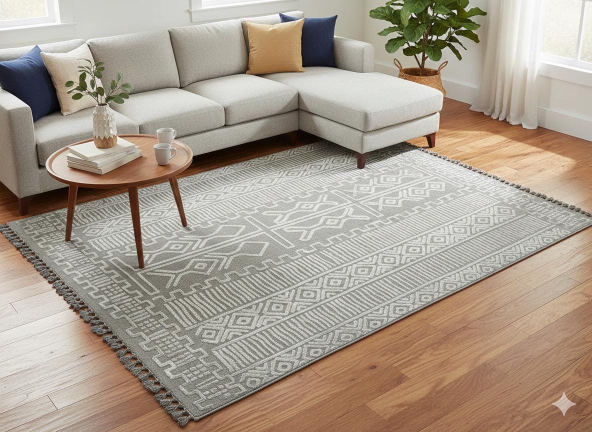Modern Geometric High-Low Pile Viscose Carpet – Beige & White Tribal Design Area Rug