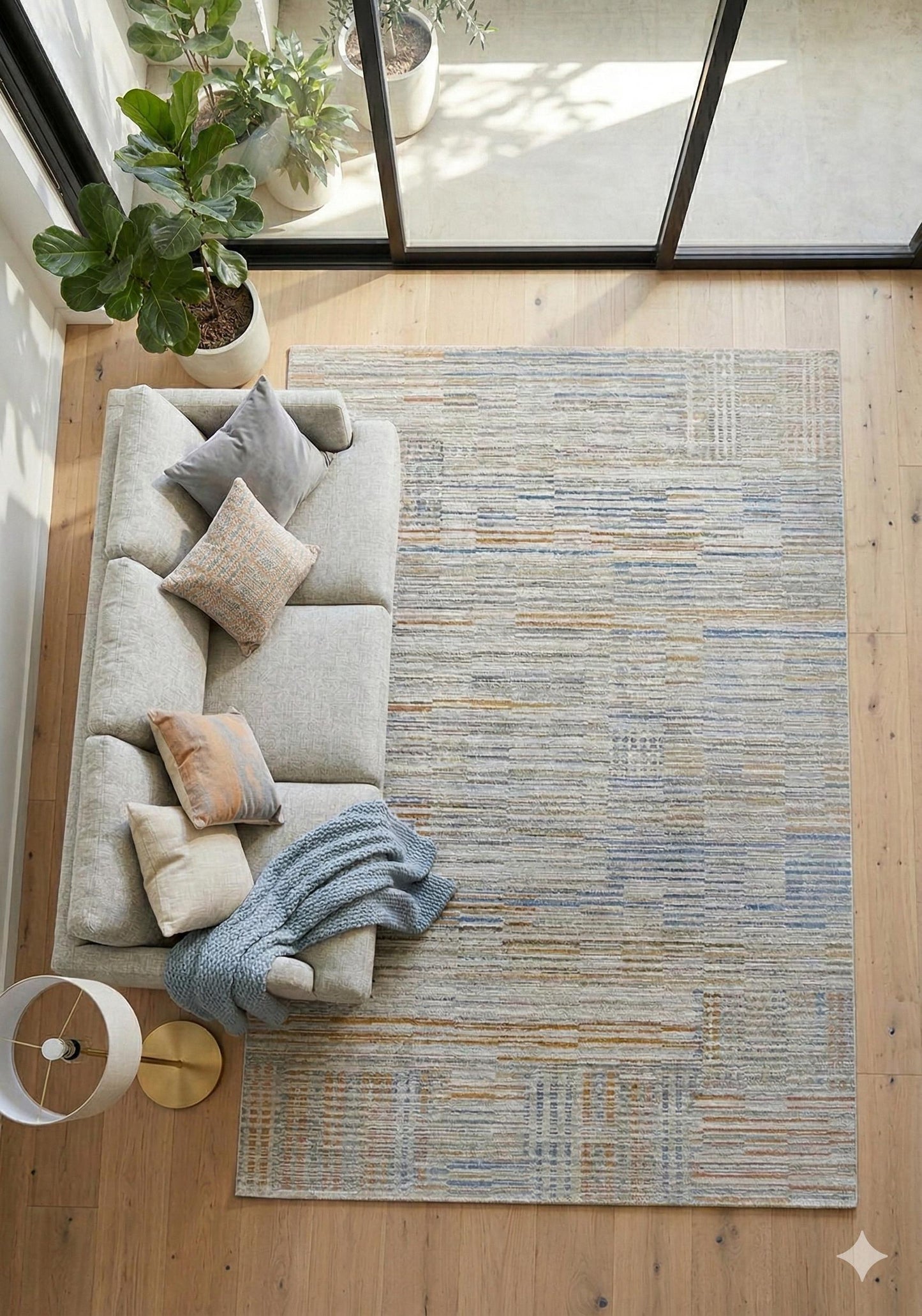 Modern Abstract Area Rug – Earthy Blue, Ochre, Grey Stripes (200x290cm)