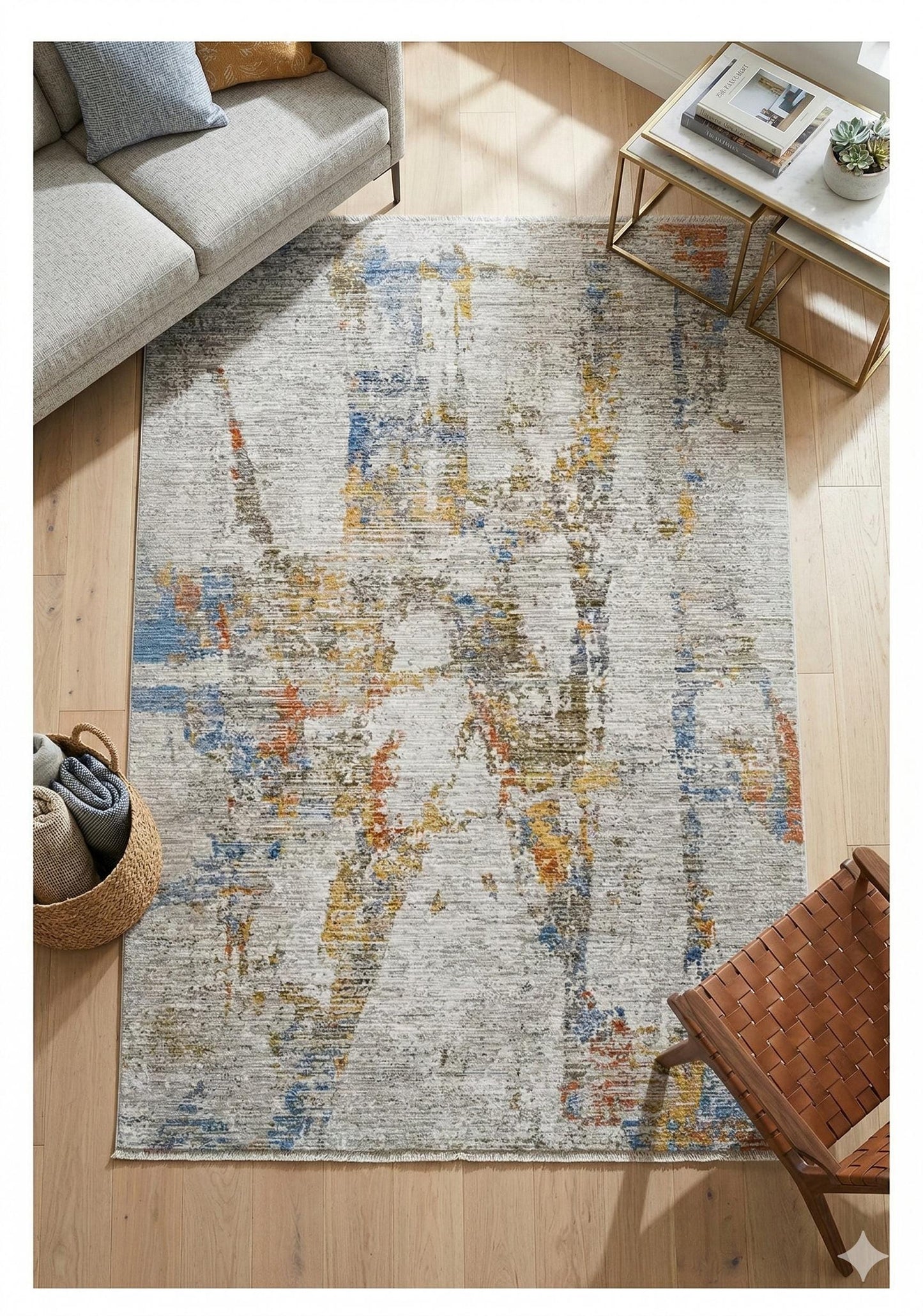 Abstract Area Rug | Distressed Impressionist Style, Blue Ochre Terracotta (7x10ft)