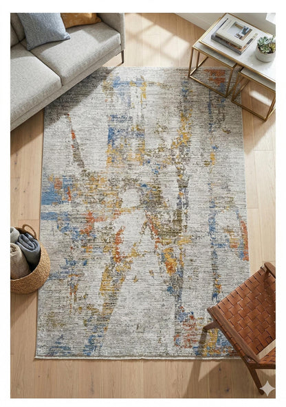 Abstract Area Rug | Distressed Impressionist Style, Blue Ochre Terracotta (7x10ft)