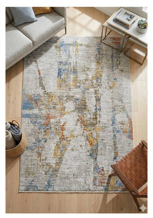 Abstract Area Rug | Distressed Impressionist Style, Blue Ochre Terracotta (7x10ft)