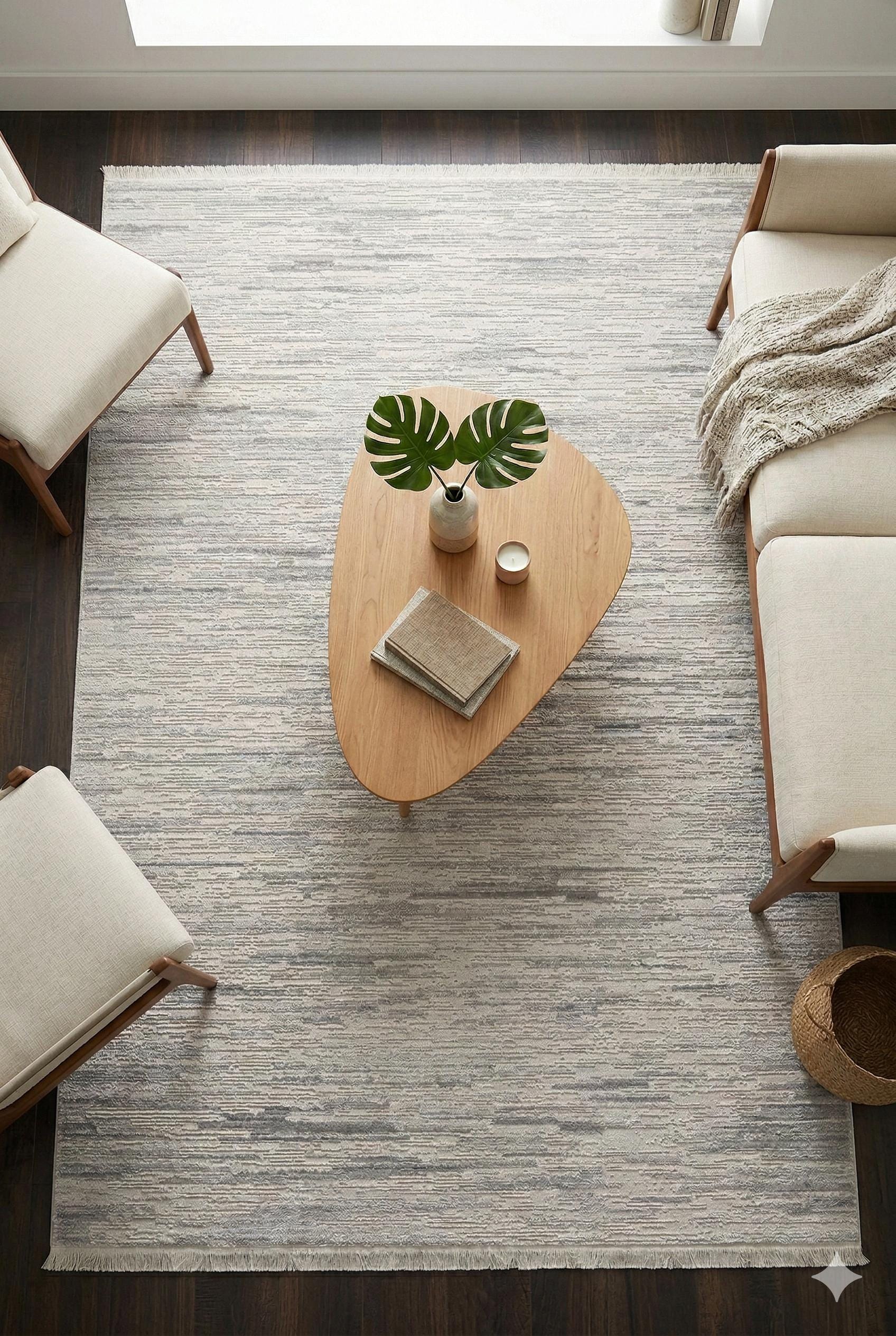 Distressed Abstract Area Rug – Modern Minimalist Beige Textured Carpet with Fringes