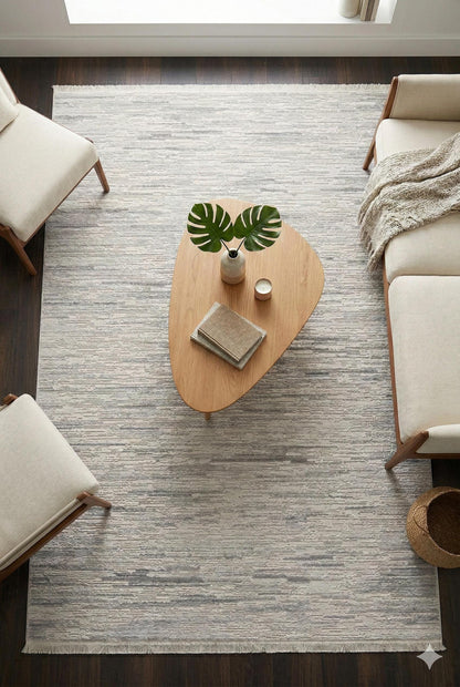 Distressed Abstract Area Rug – Modern Minimalist Beige Textured Carpet with Fringes