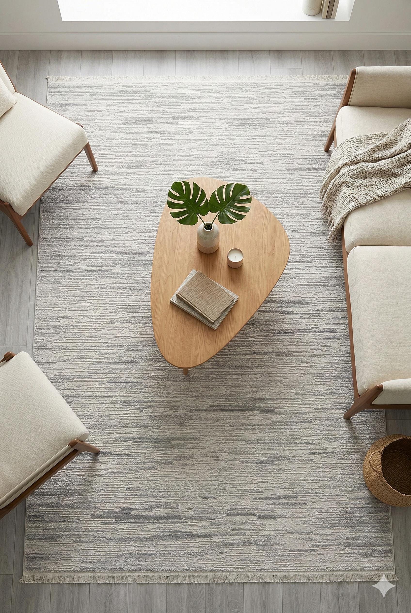 Distressed Abstract Area Rug – Modern Minimalist Beige Textured Carpet with Fringes