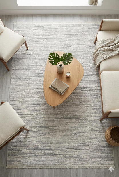 Distressed Abstract Area Rug – Modern Minimalist Beige Textured Carpet with Fringes