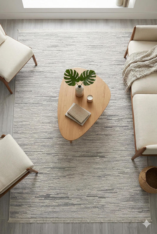 Distressed Abstract Area Rug – Modern Minimalist Beige Textured Carpet with Fringes
