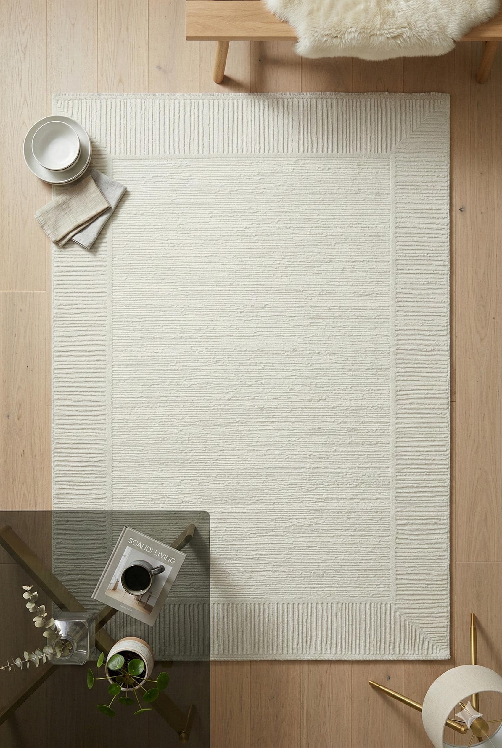 Textured Cream Border Area Rug – Modern Minimalist Geometric Wool Carpet (7x10ft)