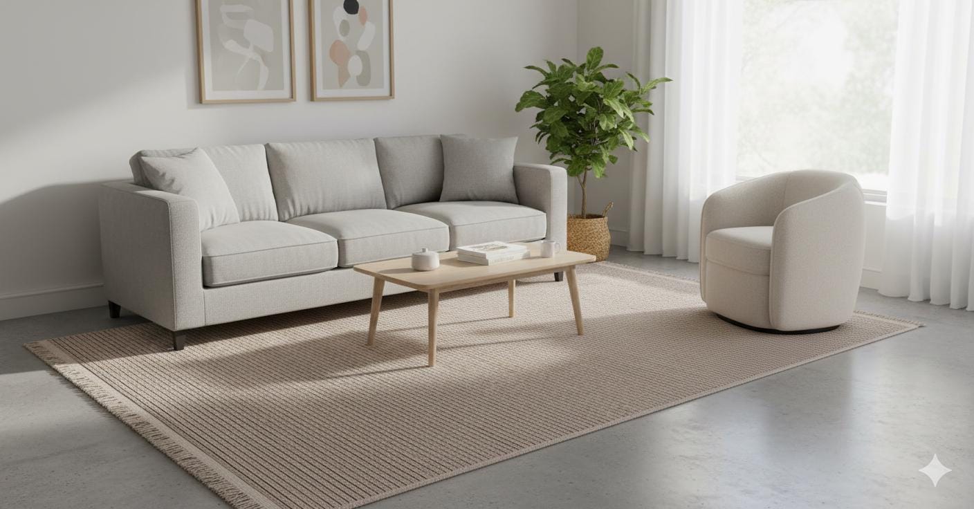 Modern Ribbed Area Rug – Beige Taupe Striped Carpet, Hand-Woven Cotton Blend, Scandi Style
