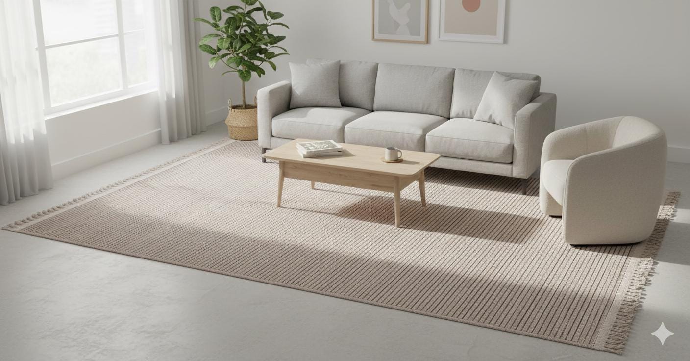 Modern Ribbed Area Rug – Beige Taupe Striped Carpet, Hand-Woven Cotton Blend, Scandi Style