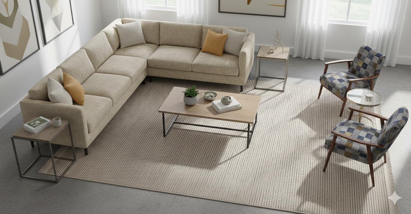 Modern Ribbed Area Rug – Beige Taupe Striped Carpet, Hand-Woven Cotton Blend, Scandi Style