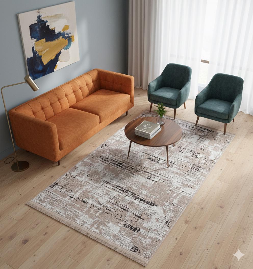 Washable Abstract Area Rug – Distressed Beige & Grey Boho Farmhouse Carpet