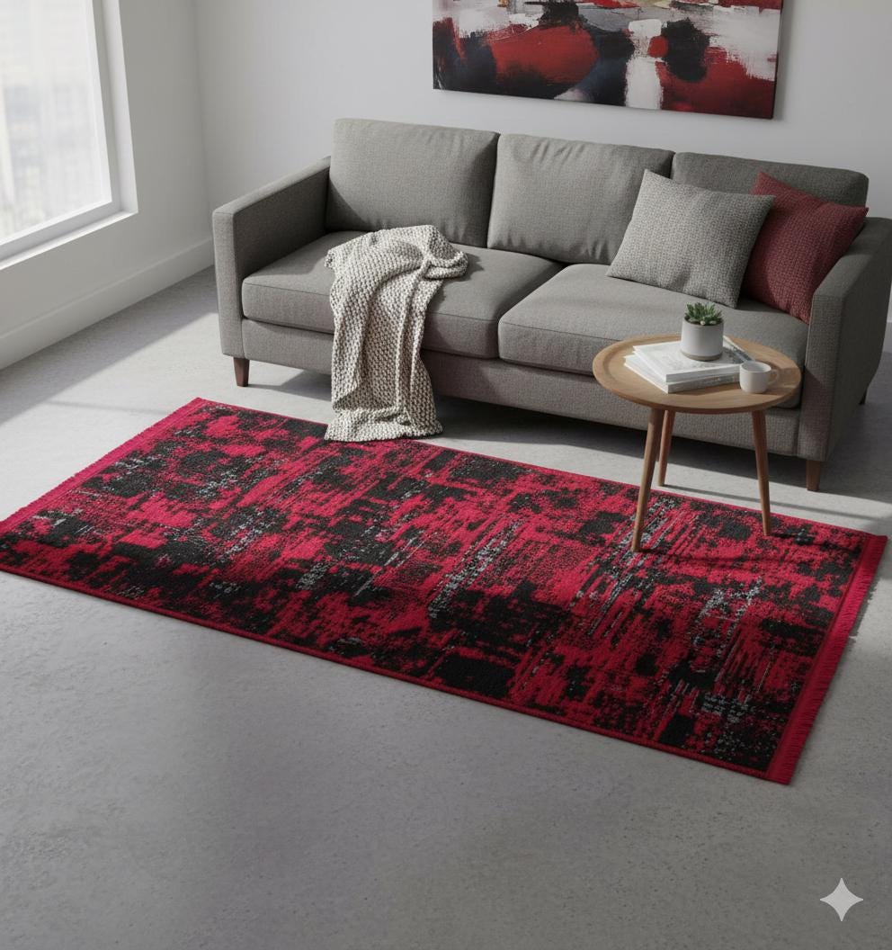 Abstract Red Black Runner Rug – Distressed Washable Hallway, Kitchen Carpet