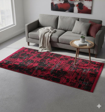 Abstract Red Black Runner Rug – Distressed Washable Hallway, Kitchen Carpet