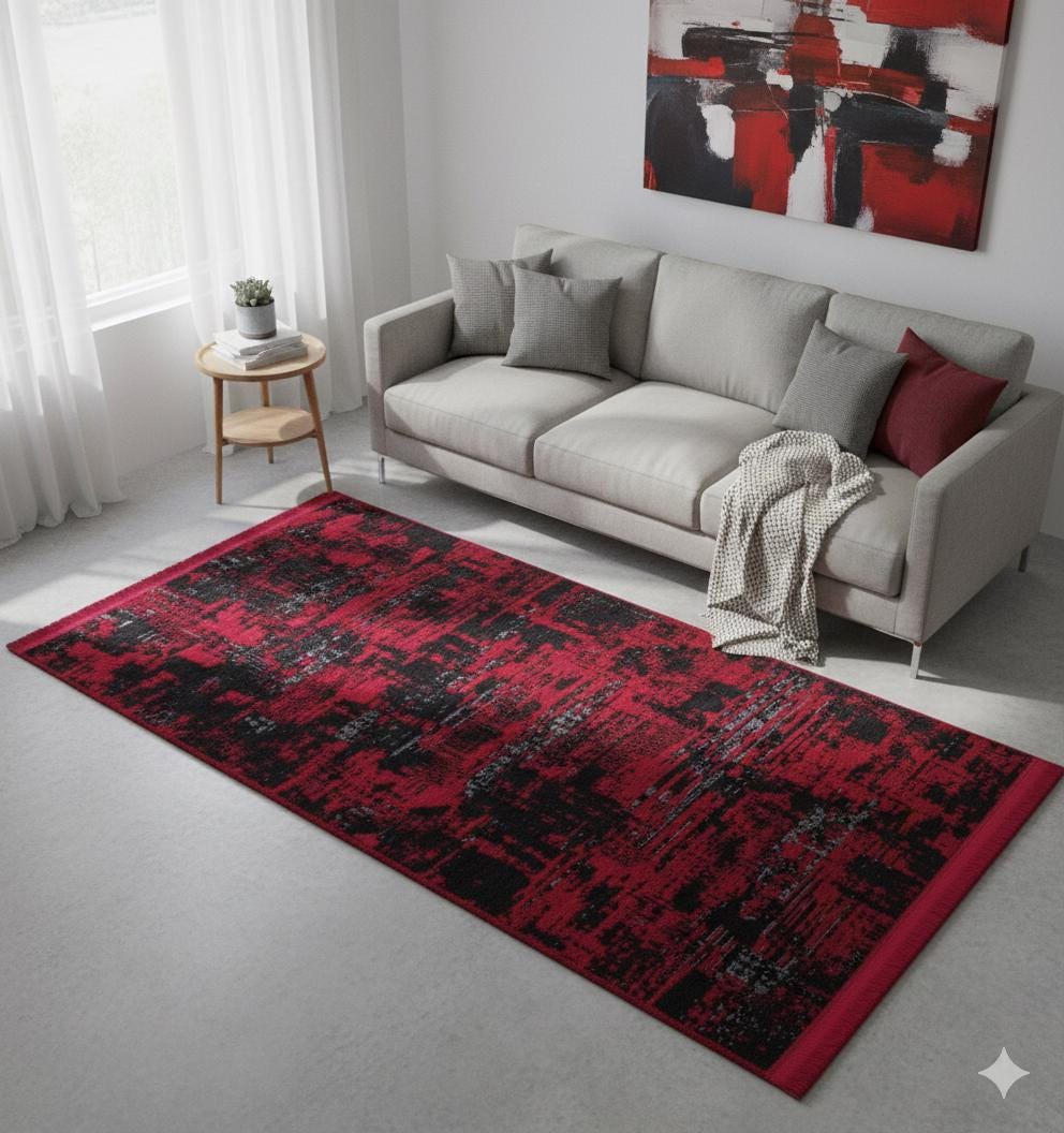 Abstract Red Black Runner Rug – Distressed Washable Hallway, Kitchen Carpet