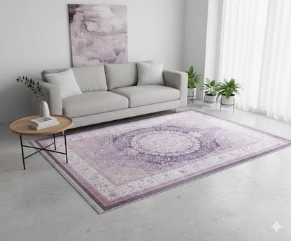 Washable Distressed Persian Medallion Rug – Dusty Mauve Lilac Boho Style