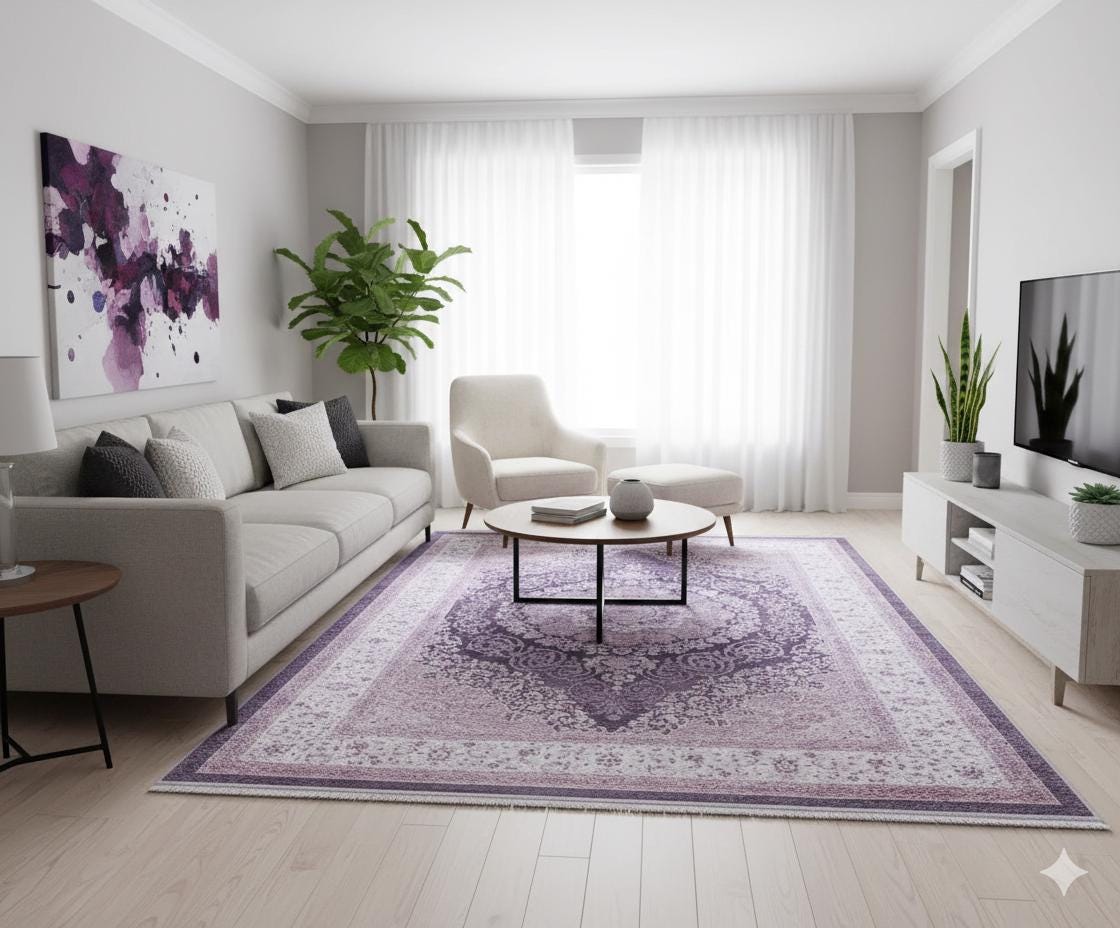 Washable Distressed Persian Medallion Rug – Dusty Mauve Lilac Boho Style