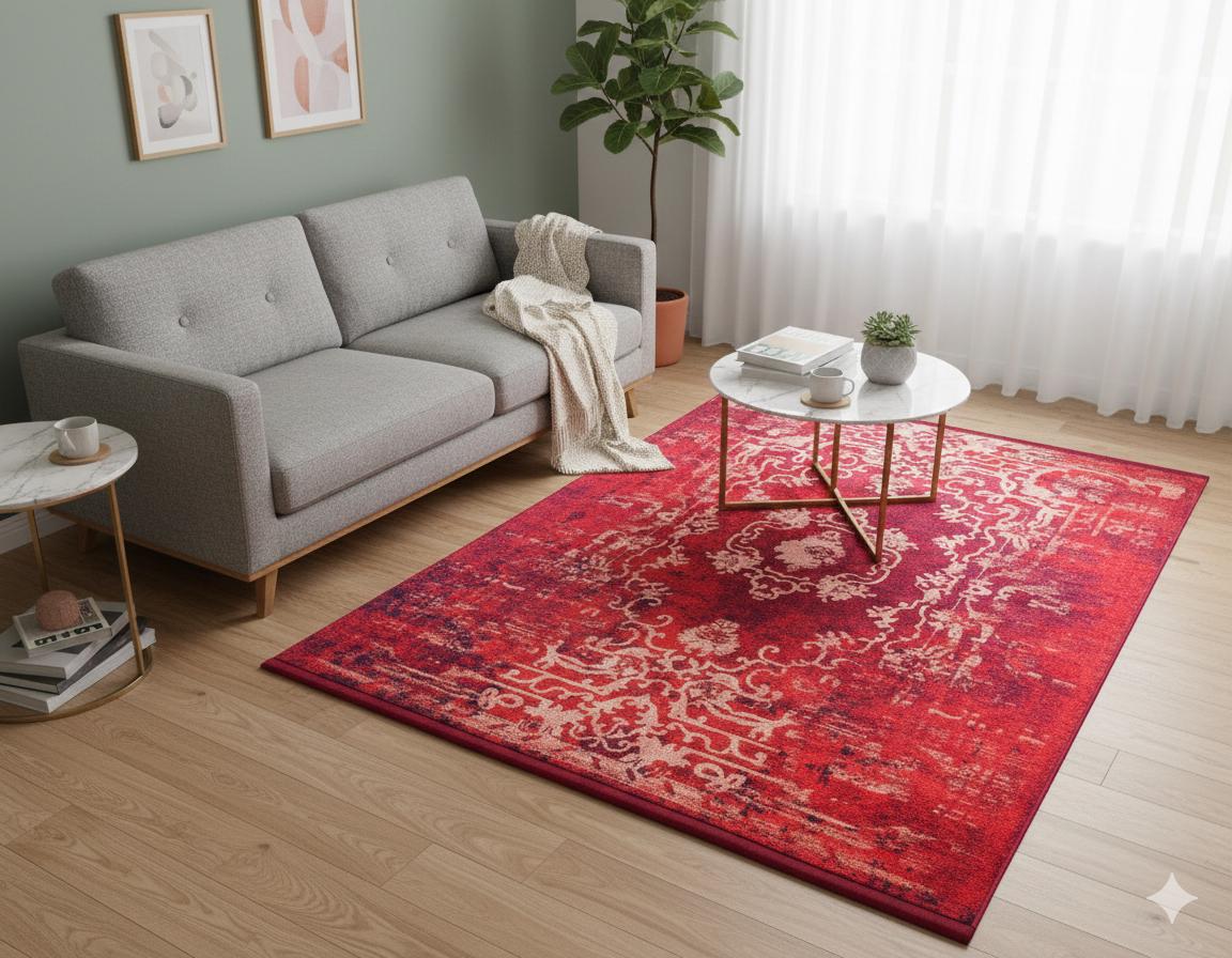 Red Distressed Medallion Rug, Bohemian Persian Style Living Room Carpet, Washable Floor Decor
