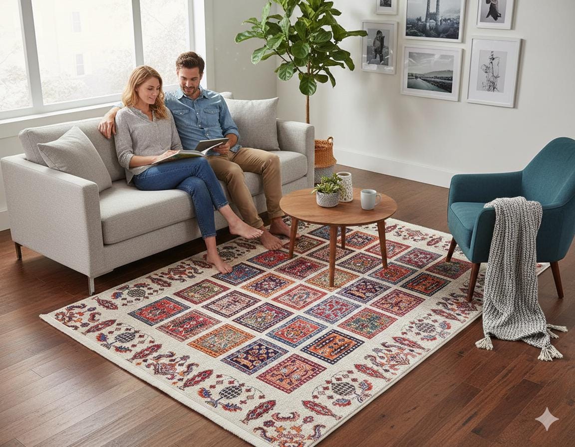 Modern Boho Persian Rug – Washable Tribal Grid Carpet for Living Room