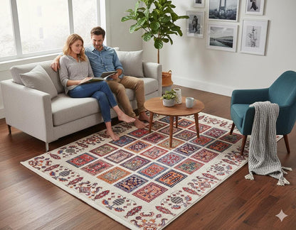 Modern Boho Persian Rug – Washable Tribal Grid Carpet for Living Room