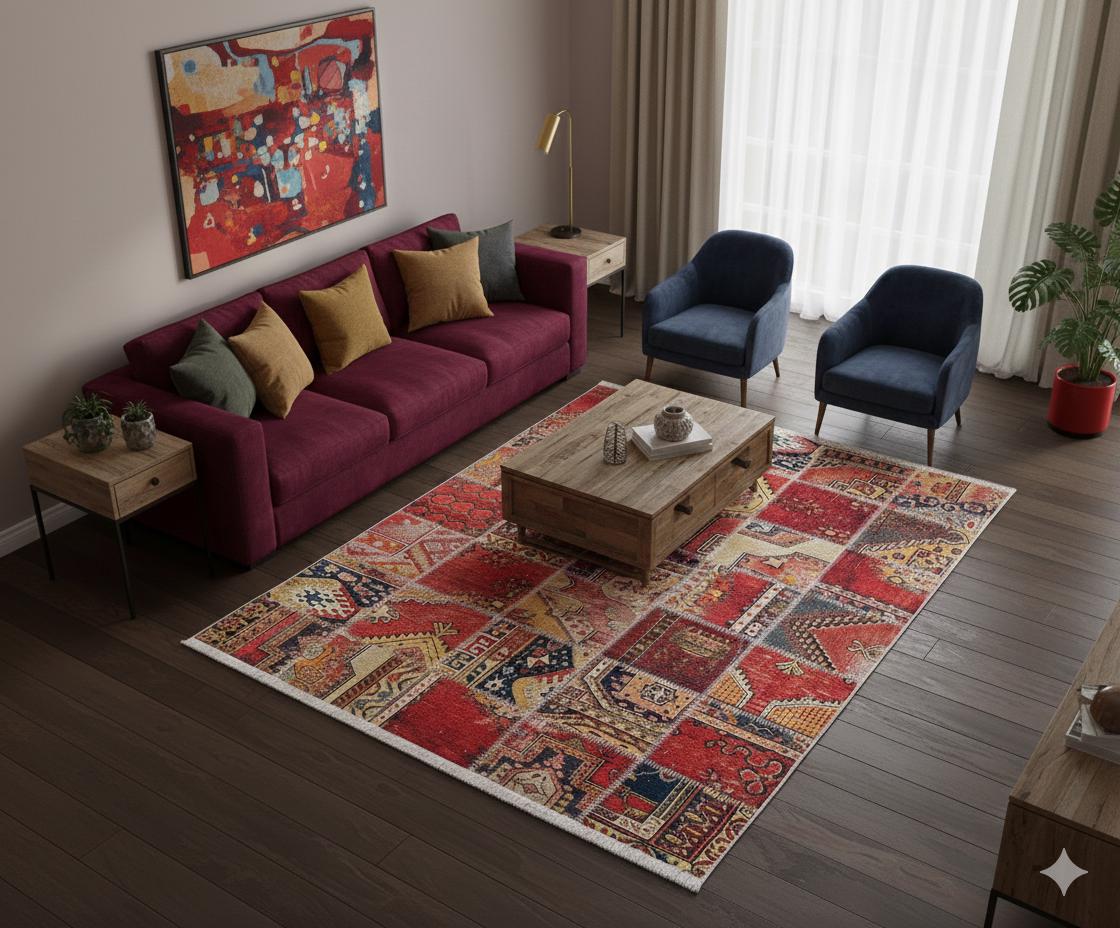 Red Boho Patchwork Area Rug – Turkish Kilim Style, Non-Slip Carpet