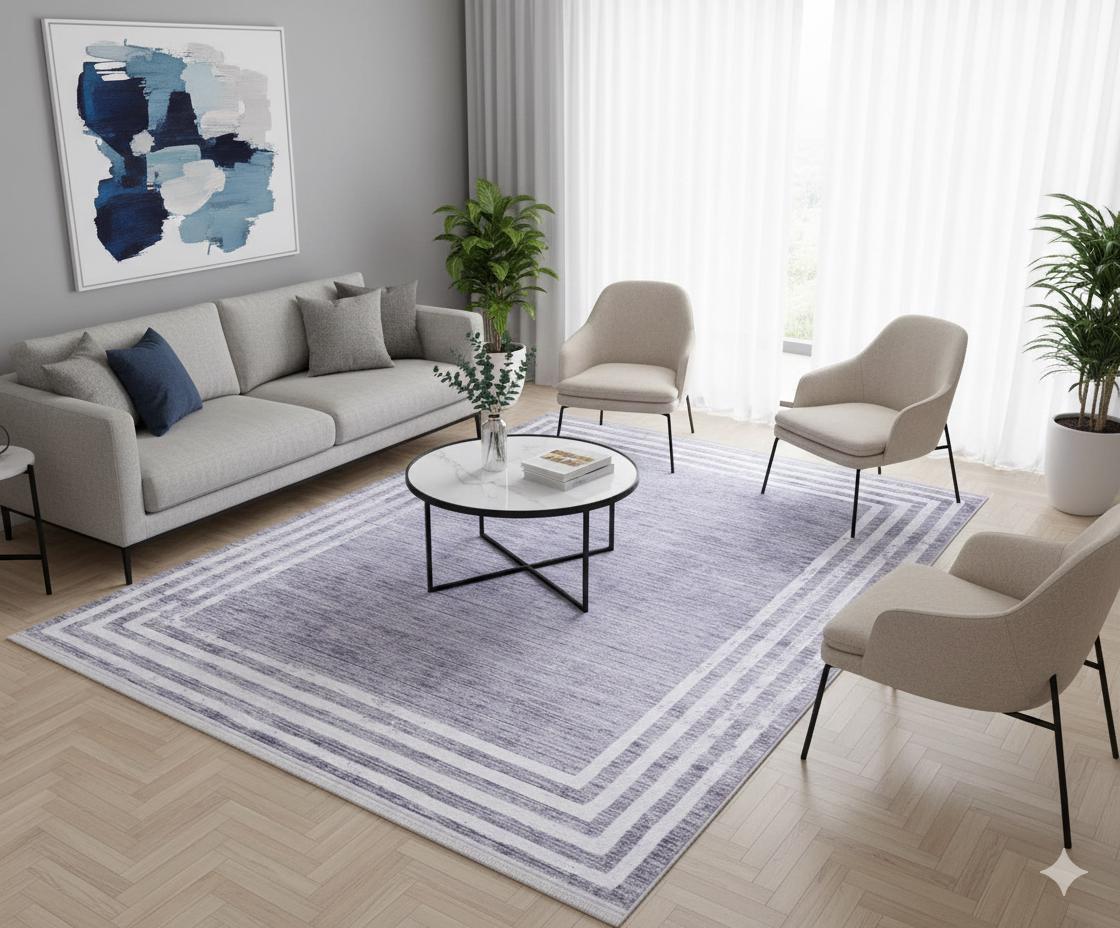 Gray Distressed Border Area Rug, Scandi Style, Machine Washable, Non-Slip