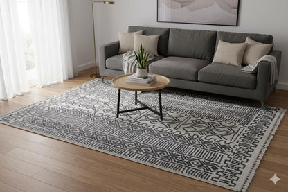 Bohemian High-Low Pile Carpet – Silver & Gray Tribal Design Area Rug