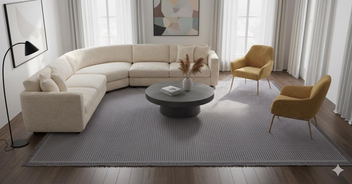 Grey Ribbed Area Rug – Modern Low-Pile Cotton Carpet, Washable, Pet Friendly