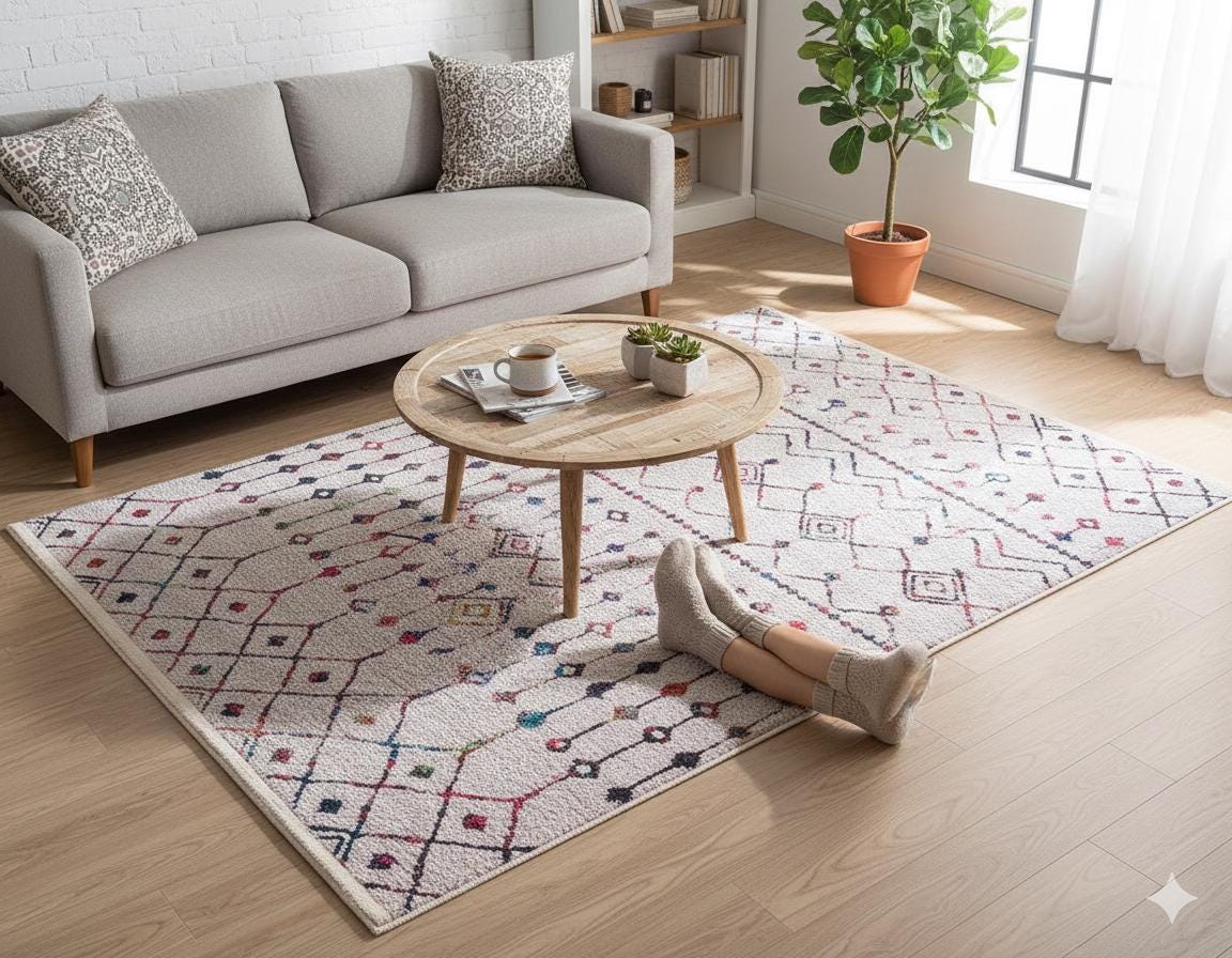 Boho Moroccan Area Rug – Colorful Tribal Geometric Carpet, Washable Bohemian Living Room