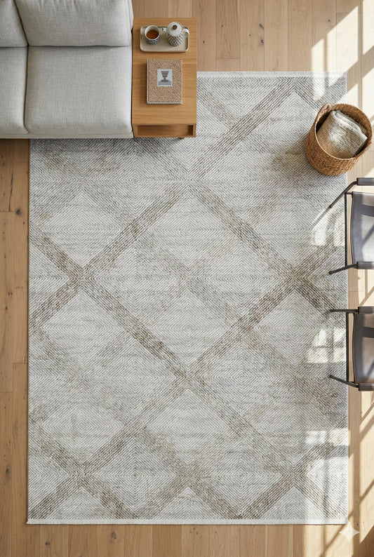 Cream Textured Geometric Carpet with Tassels, Minimalist Scandi Home Decor, Neutral Living Room Rug.