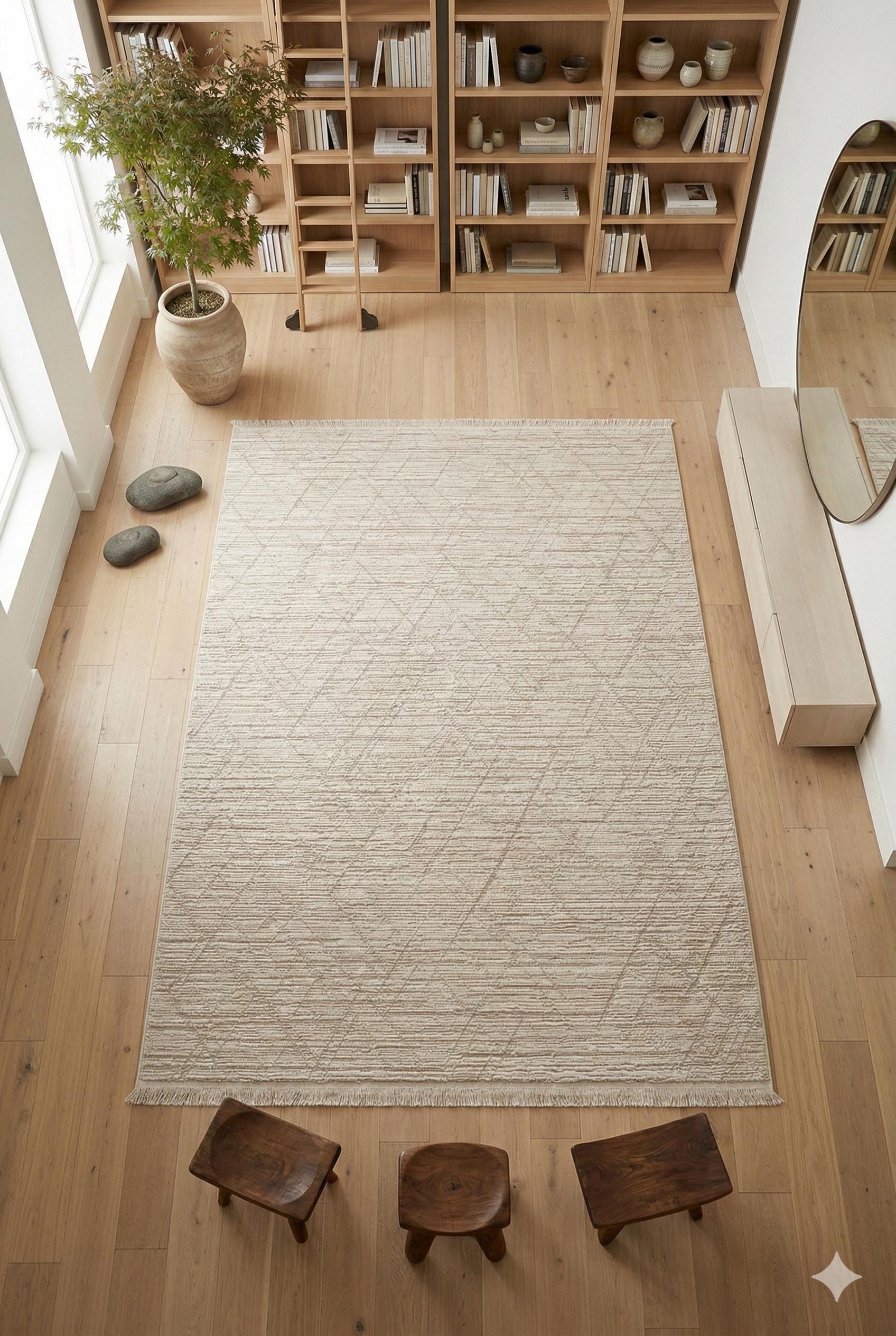 Cream Textured Geometric Carpet with Tassels, Minimalist Scandi Home Decor, Neutral Living Room Rug.