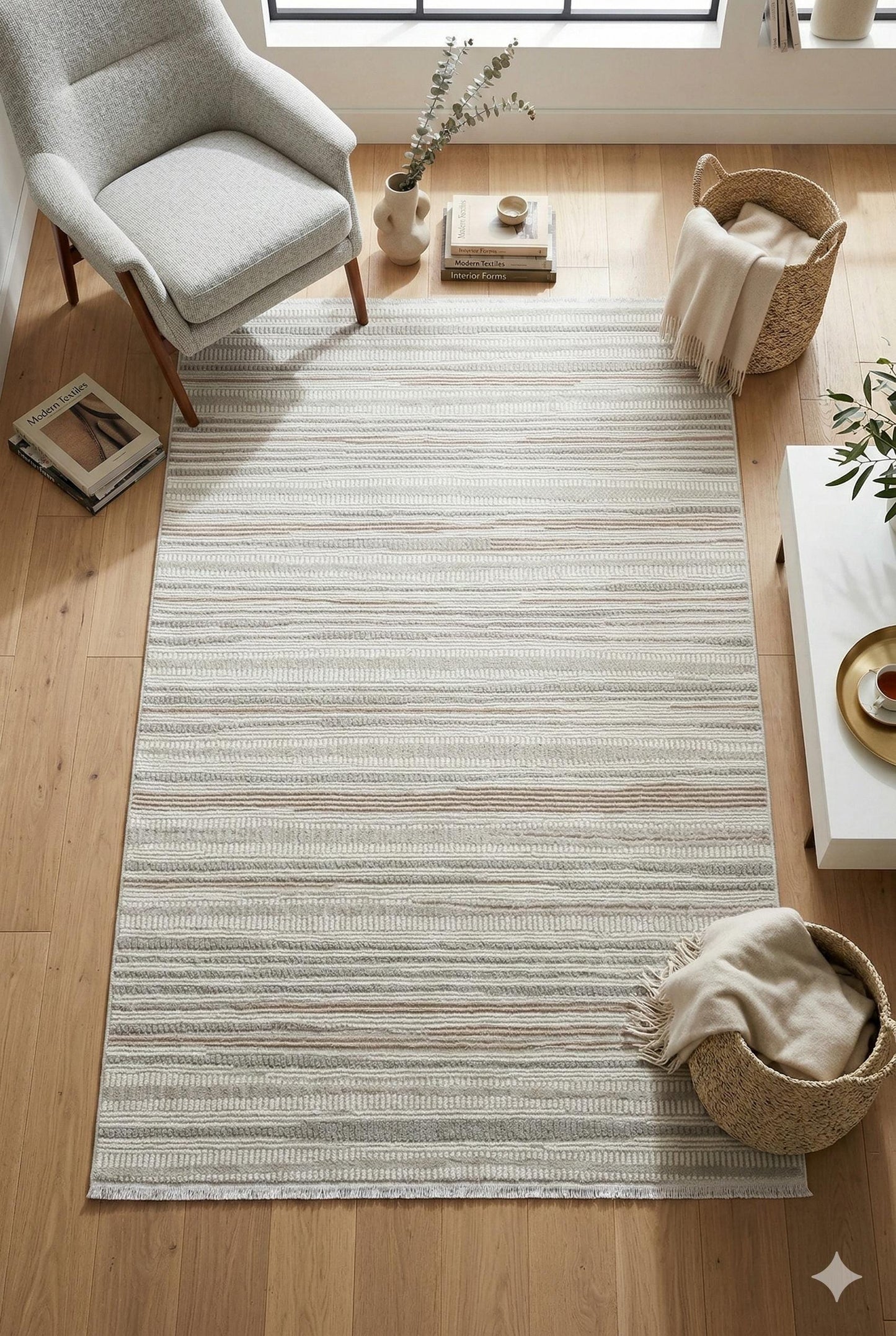 Modern White Striped Texture Rug, 5x7 Cream Contemporary Area Carpet (160x230cm)